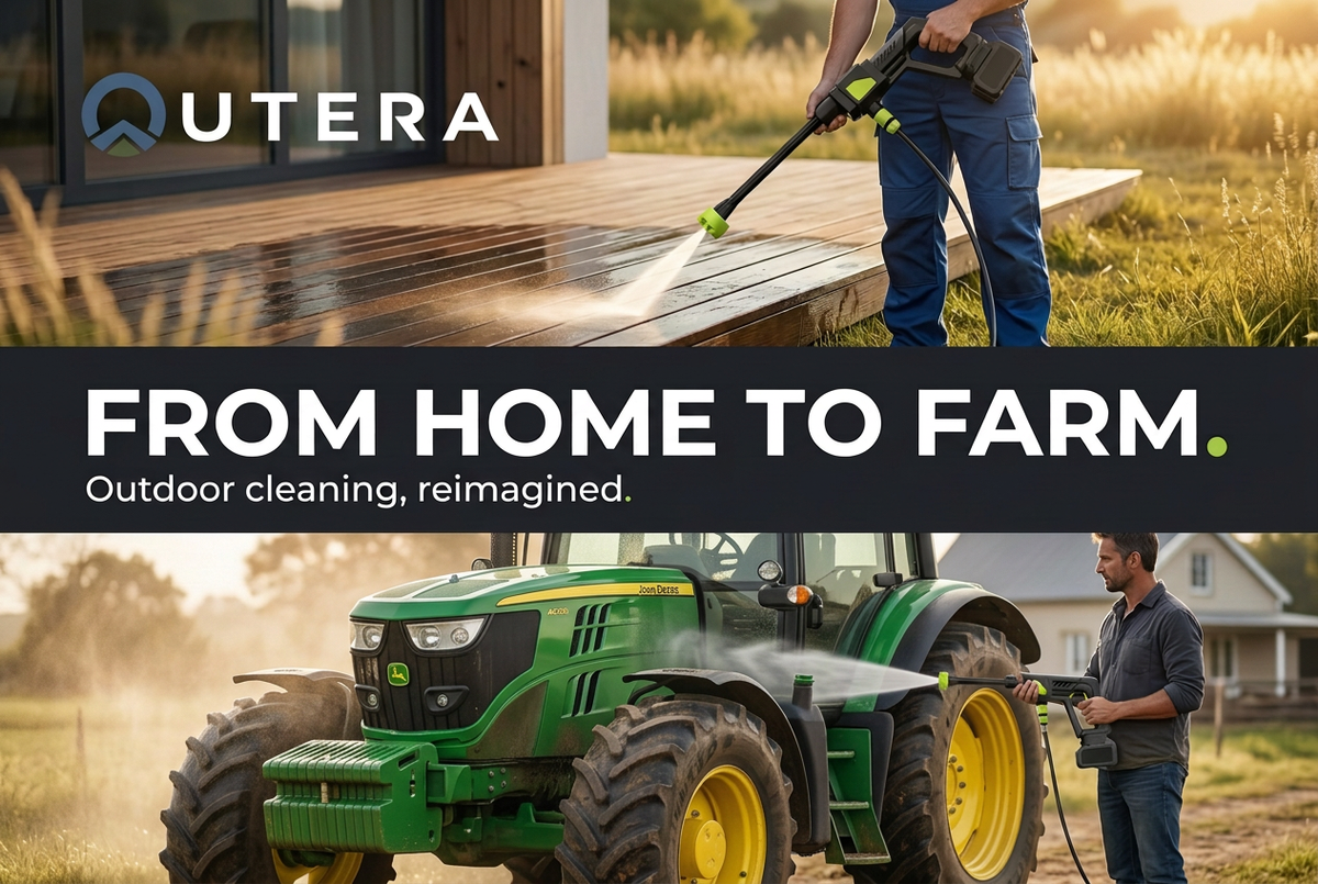 Outera marketing graphic with a John Deere tractor